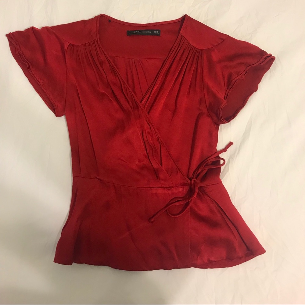 Zara Red Ruby Wrap Peplin Top
